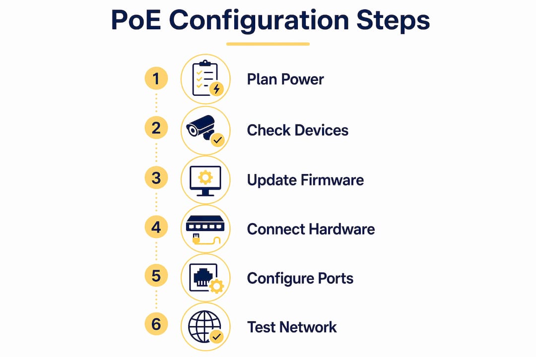 Infographic outlining PoE device configuration steps