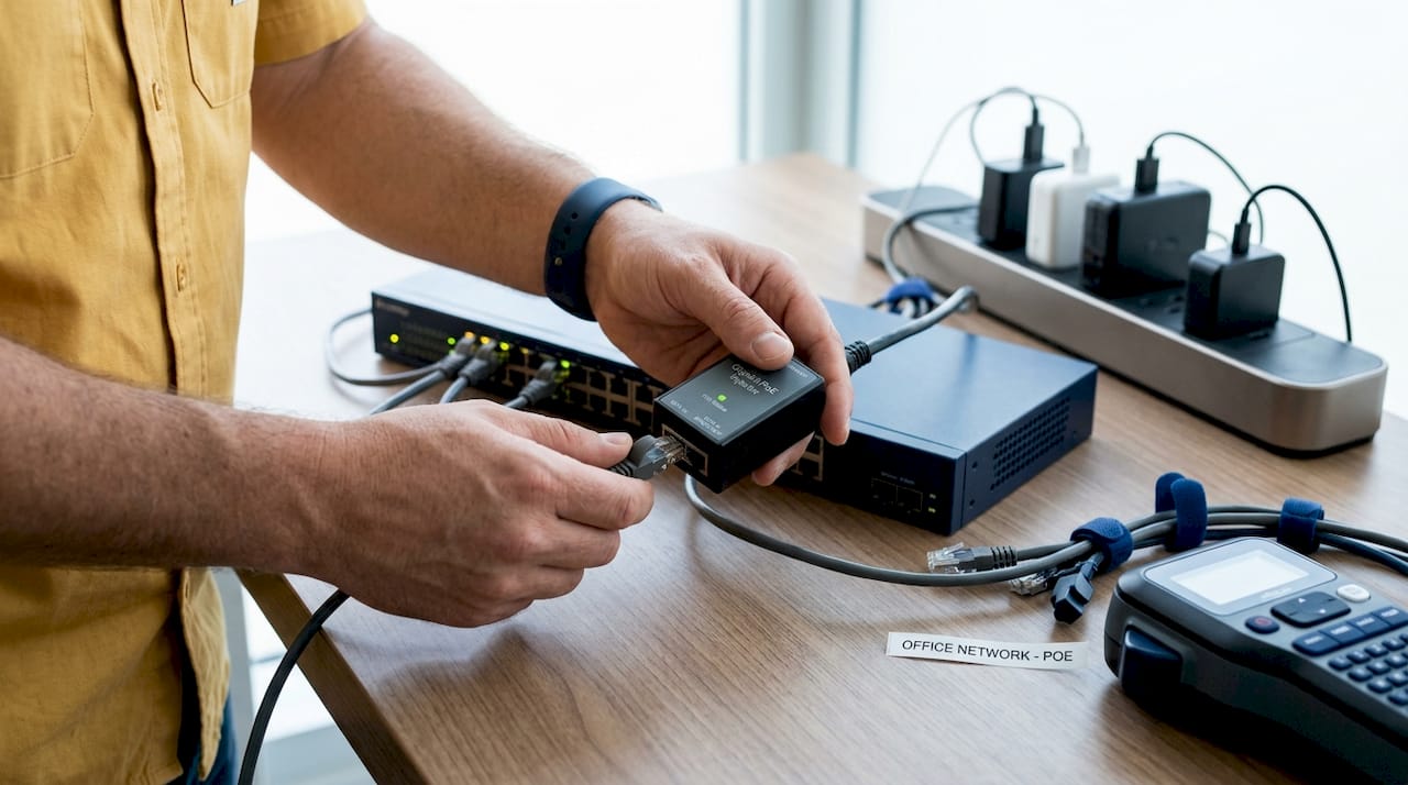 Hands connecting PoE injector to network switch