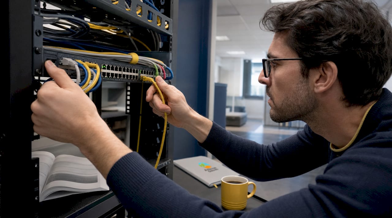 Hands connecting Ethernet cable to network switch