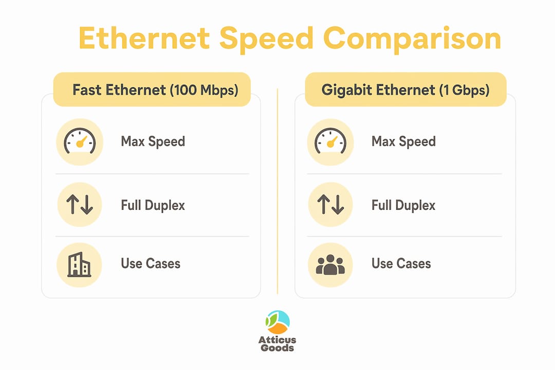 Infographic comparing Fast Ethernet and Gigabit Ethernet