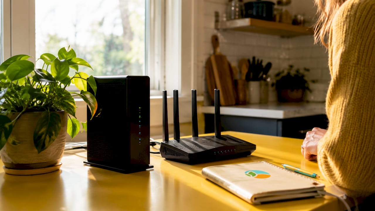 Modem and router setup on desk surface