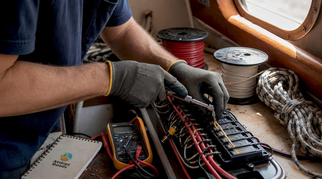 Hands installing marine wiring inside boat engine compartment