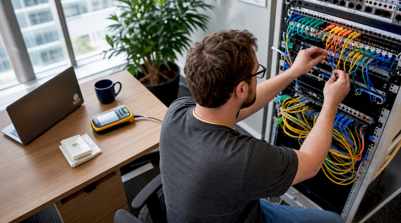 Network technician managing fiber optic cables in server room