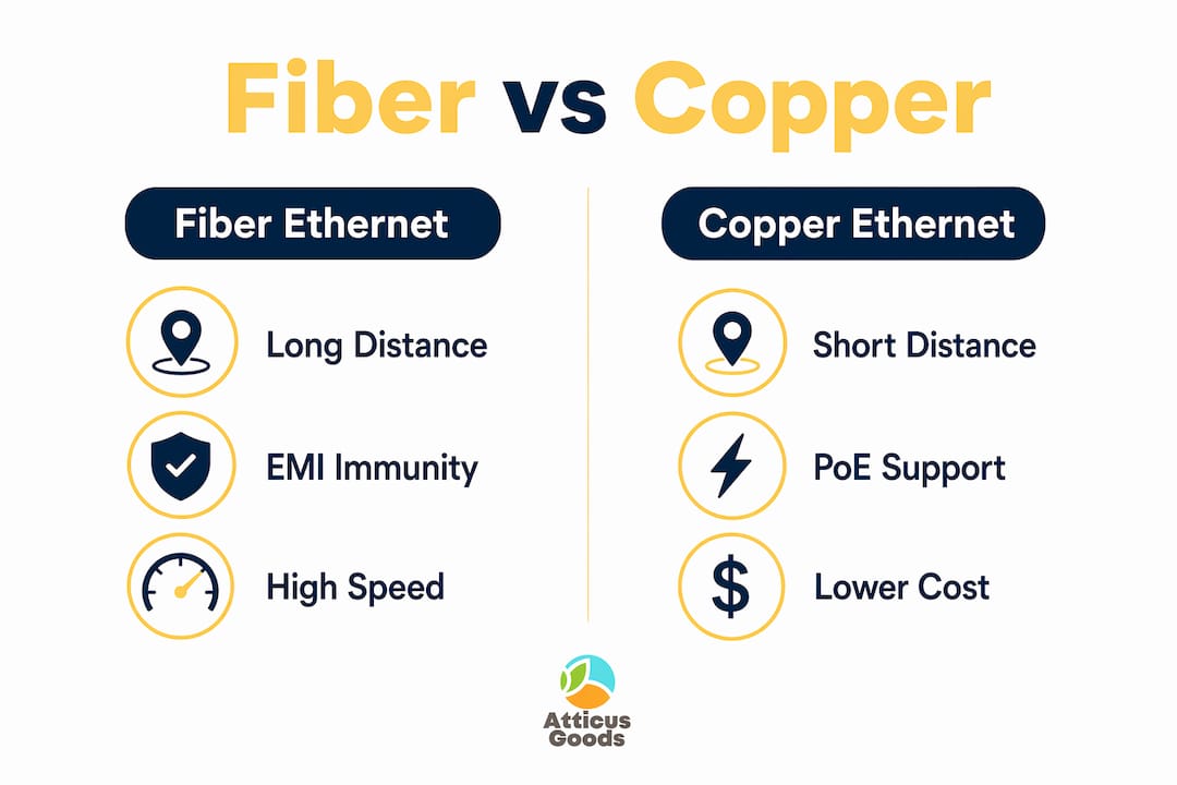 Infographic comparing fiber optic and copper Ethernet features