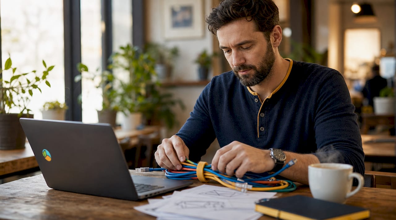 Engineer adjusting network switch cables