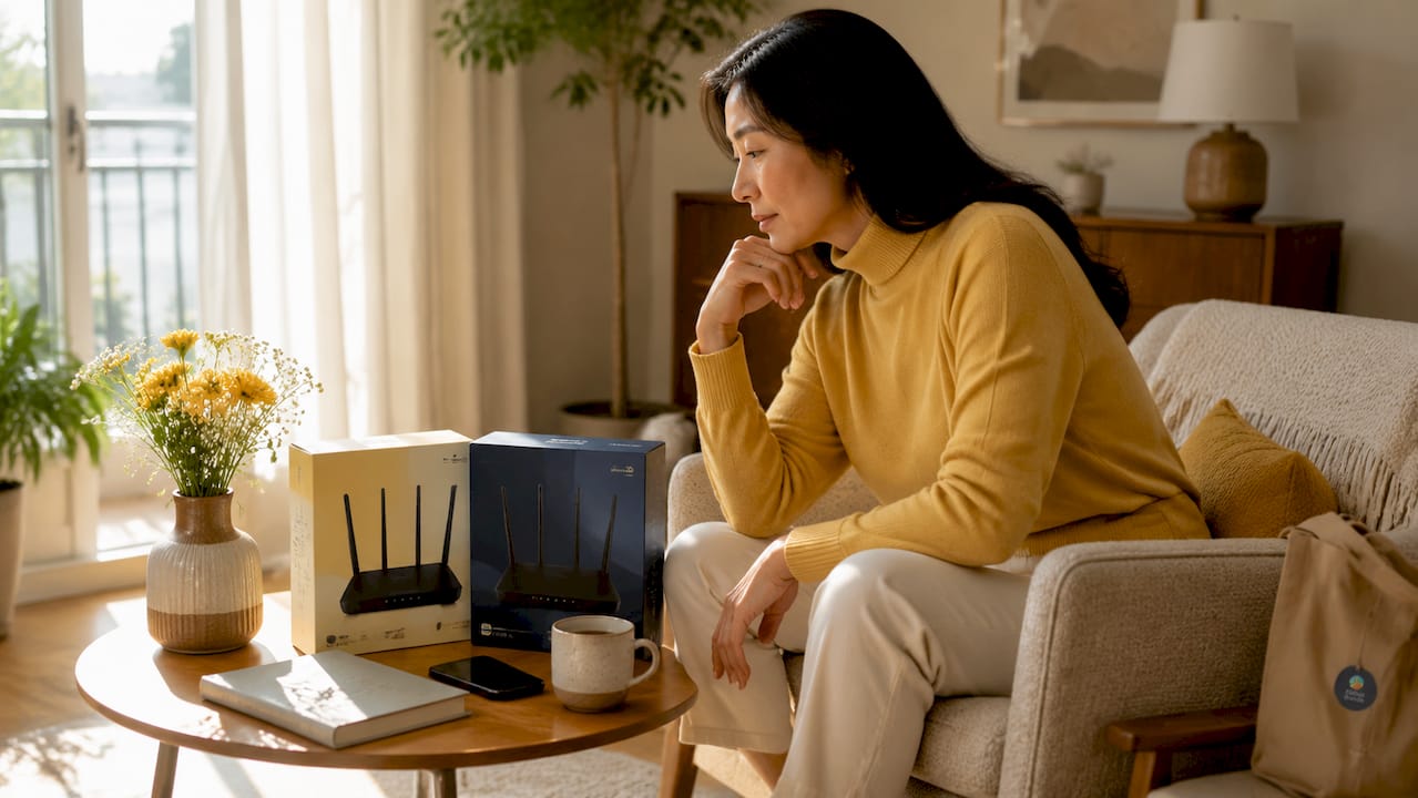 Woman comparing Wi-Fi 6 and Wi-Fi 5 routers at desk