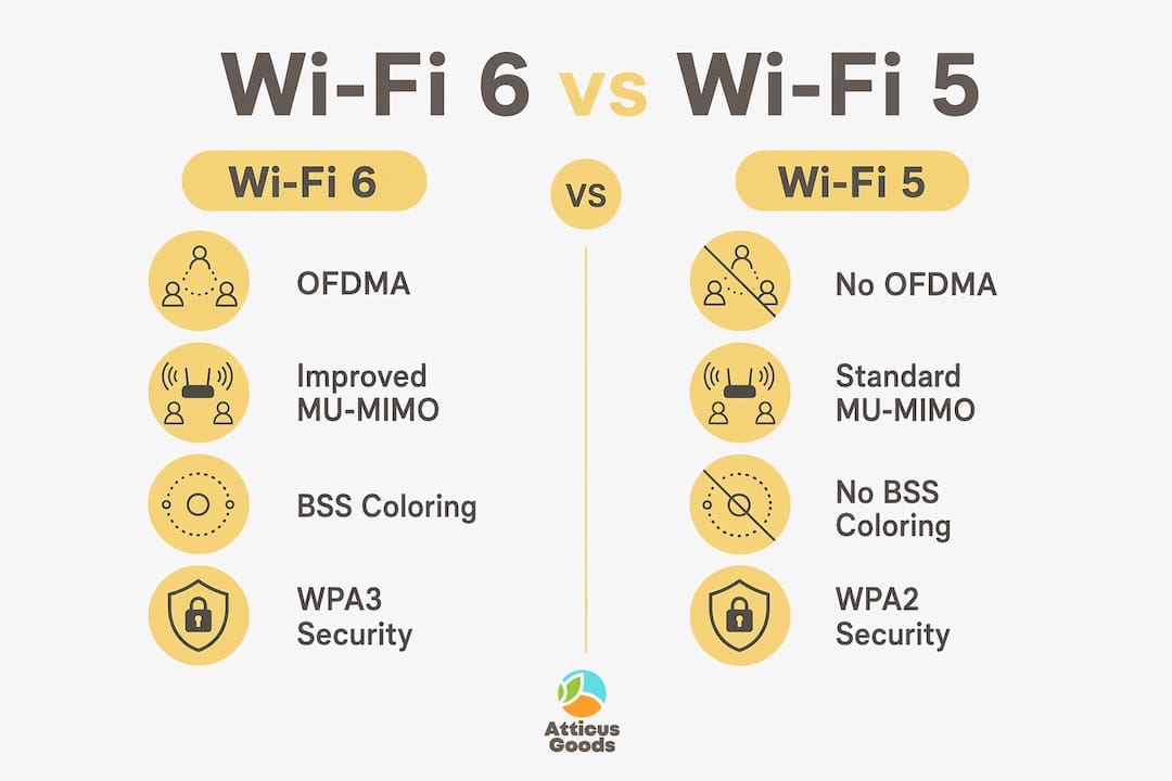 Infographic comparing Wi-Fi 6 and Wi-Fi 5 features