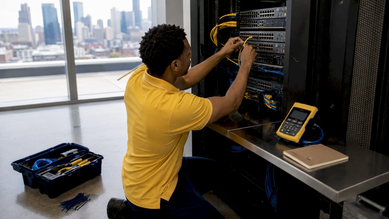 Technician connecting cables to network switch