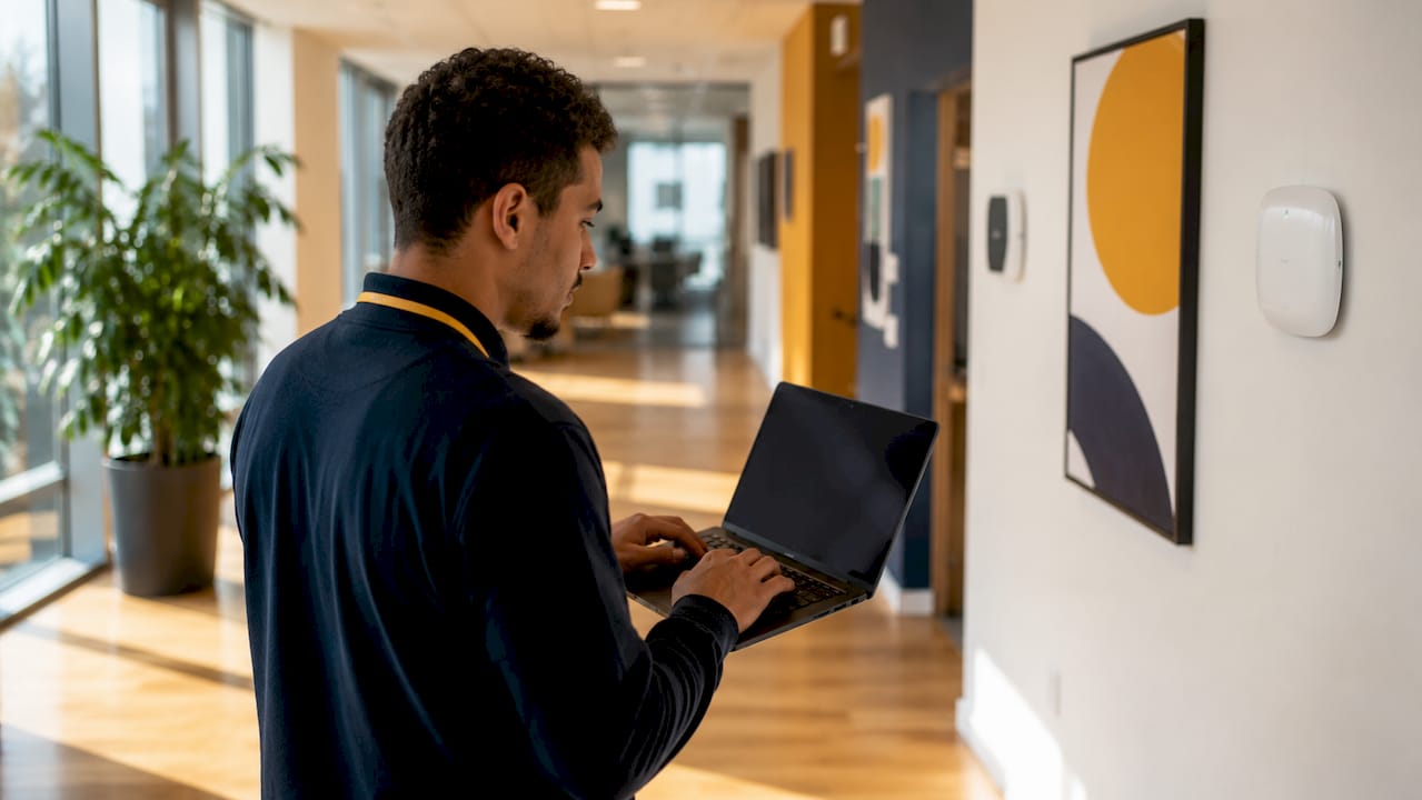 IT technician conducting wireless survey with laptop in office