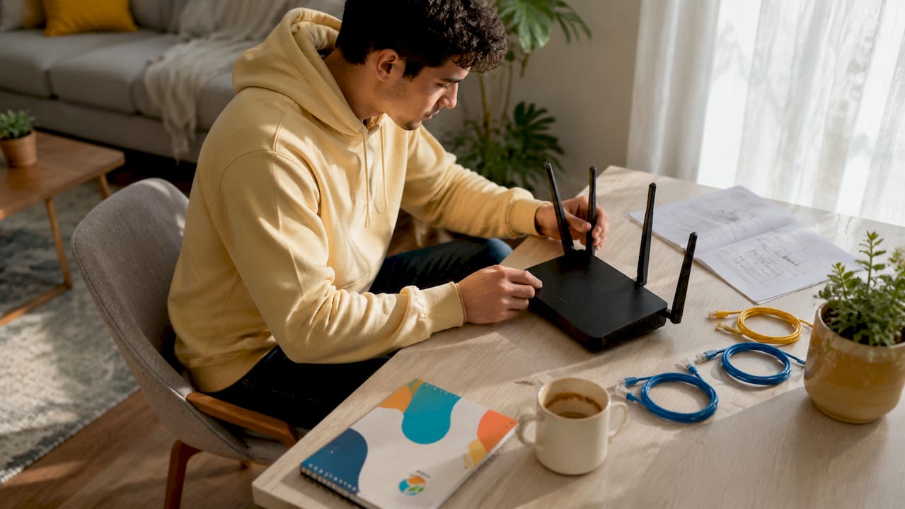 Person setting up home router at desk