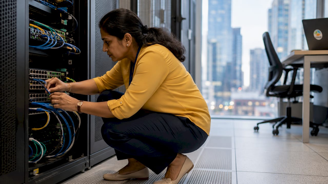 Engineer connecting Ethernet cables to network switch