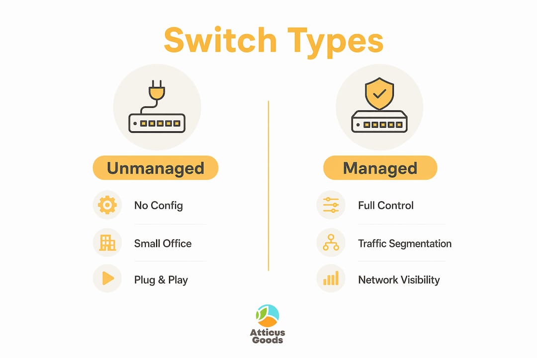 Infographic comparing unmanaged vs managed network switches