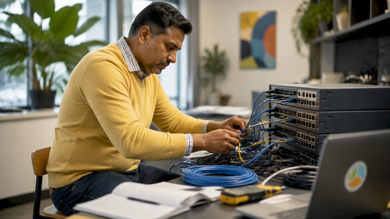 Technician wiring business-grade routers in office