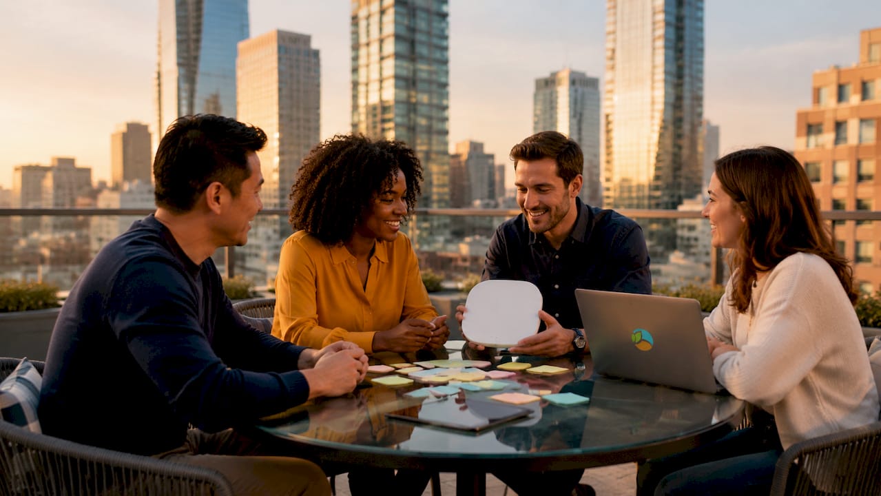 Business team examining Wi-Fi 6 access point in conference room