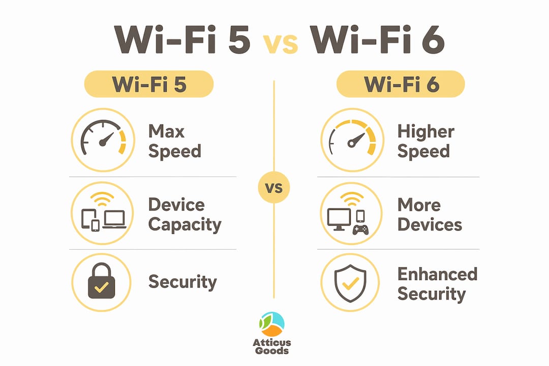 Infographic comparing Wi-Fi 5 and Wi-Fi 6 features side by side