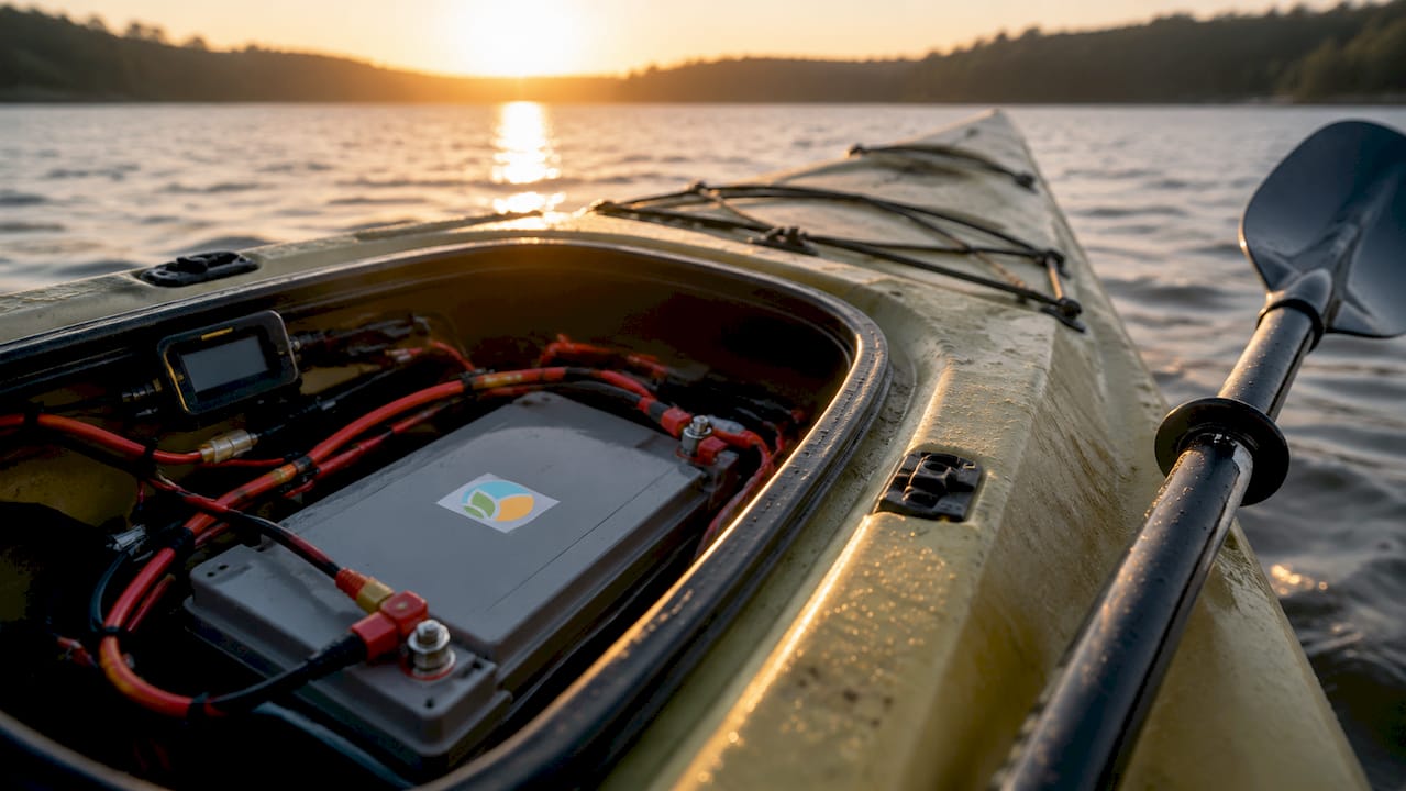 LiFePO4 battery installed in kayak hatch