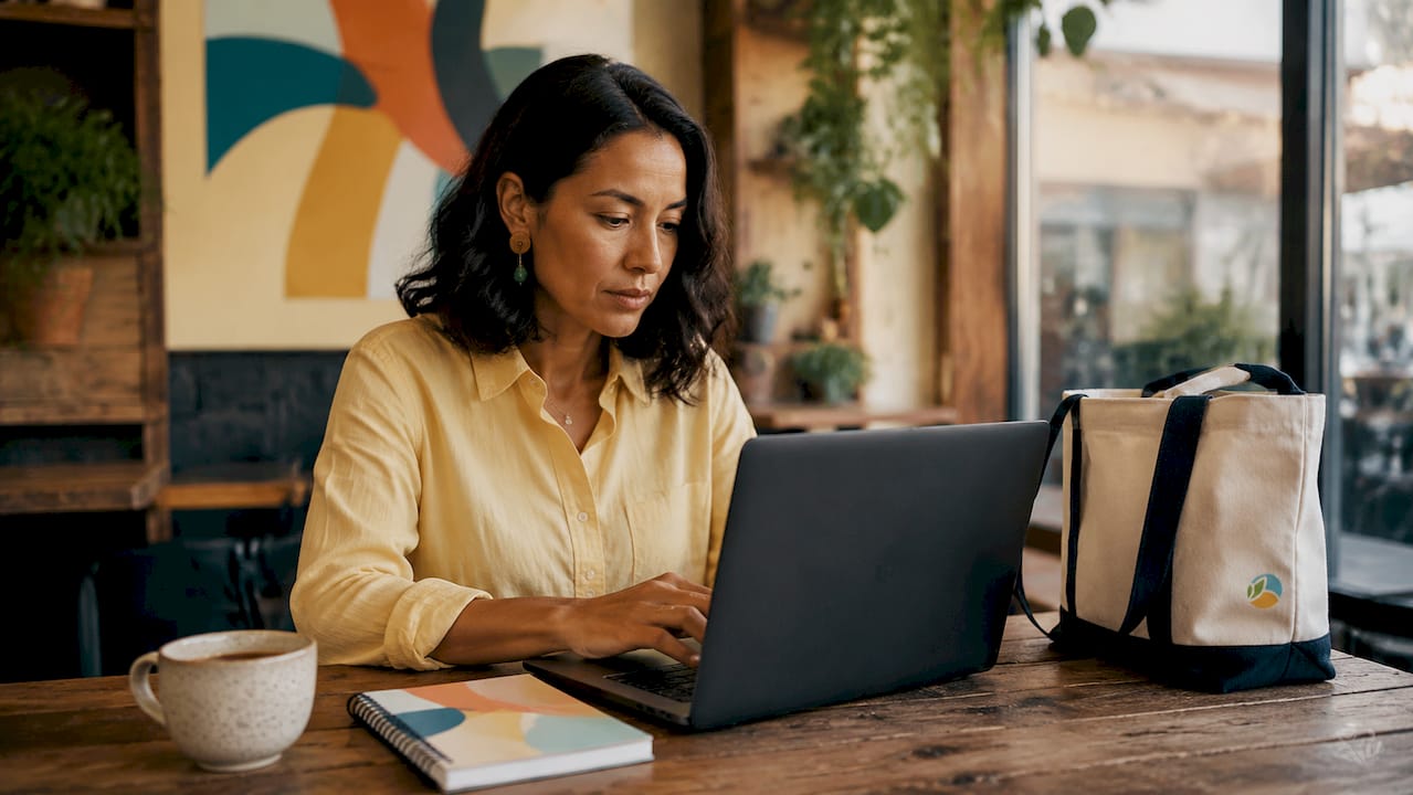 Woman activating Rakuten browser extension on laptop