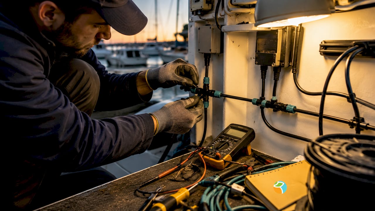 Technician connecting marine network cables