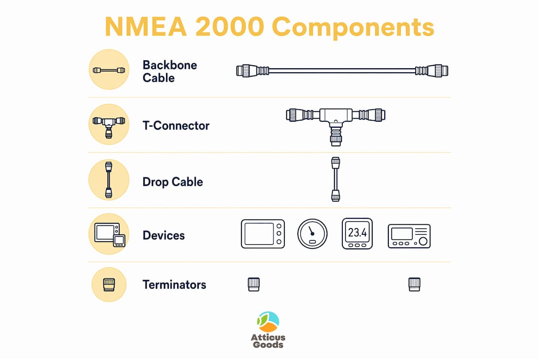 Infographic showing NMEA 2000 network components as vertical steps