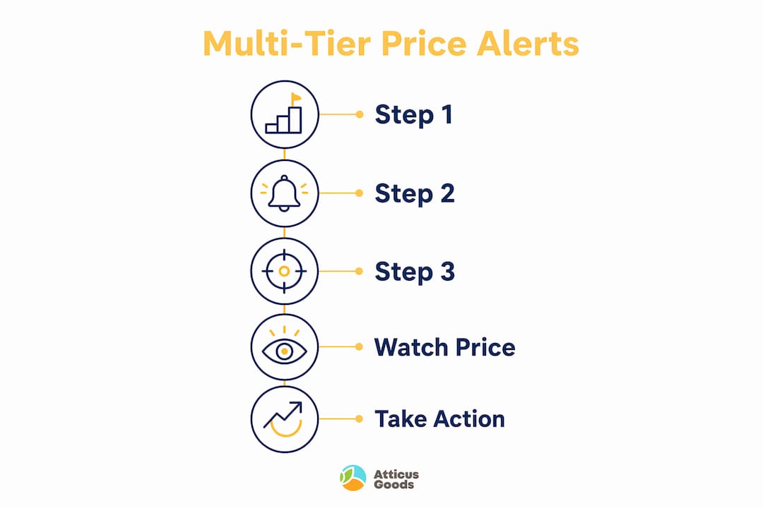 Infographic showing steps to set up multi-tier price alerts for deals