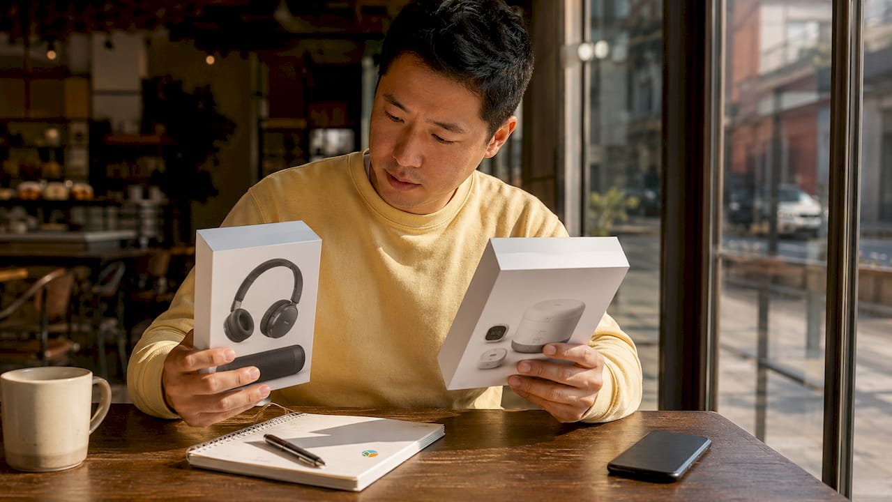 Man comparing electronics bundles at desk