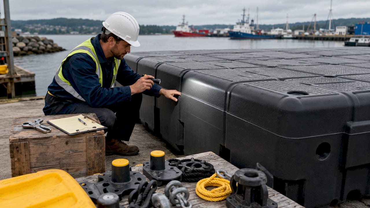 Engineer inspecting HDPE dock float outdoors