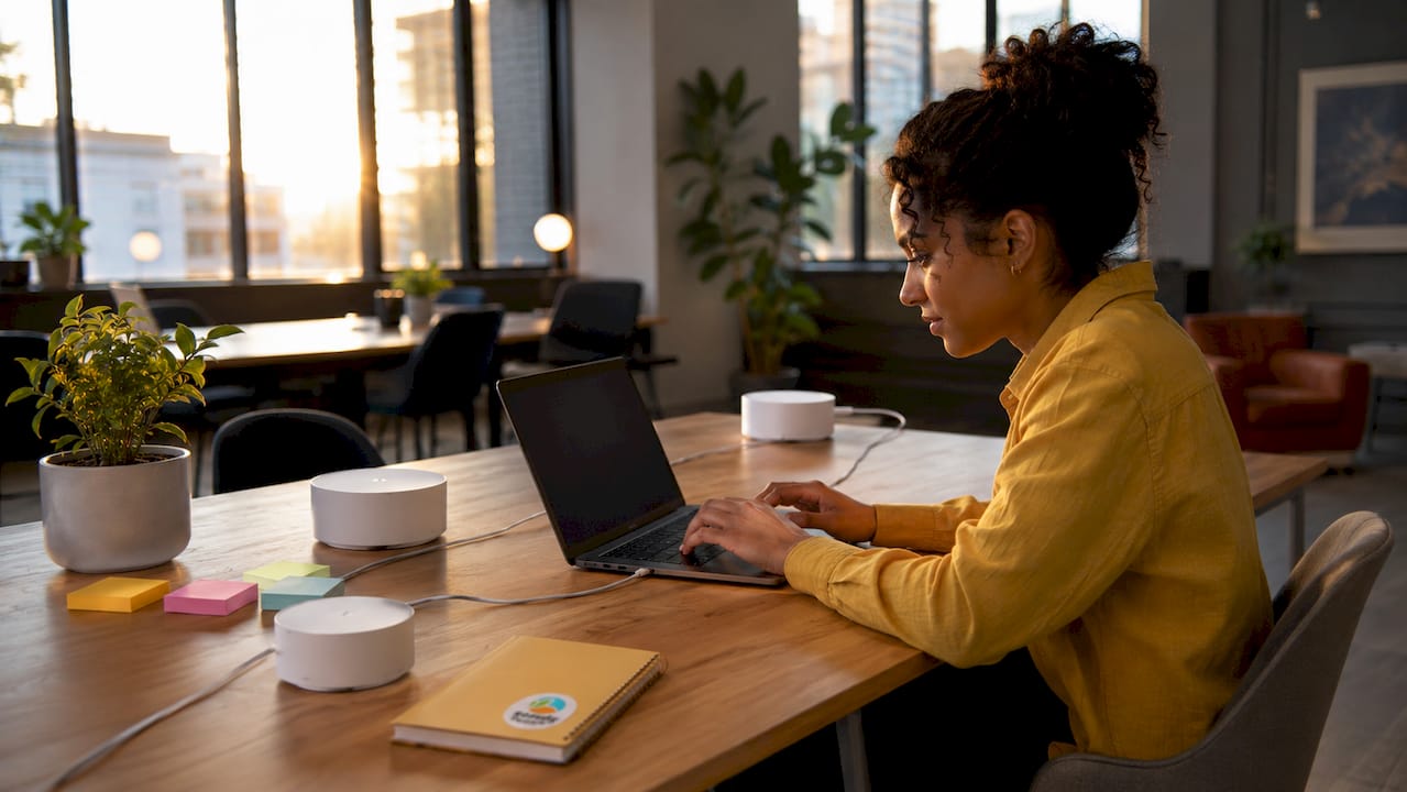 Professional using laptop with mesh wifi nodes nearby