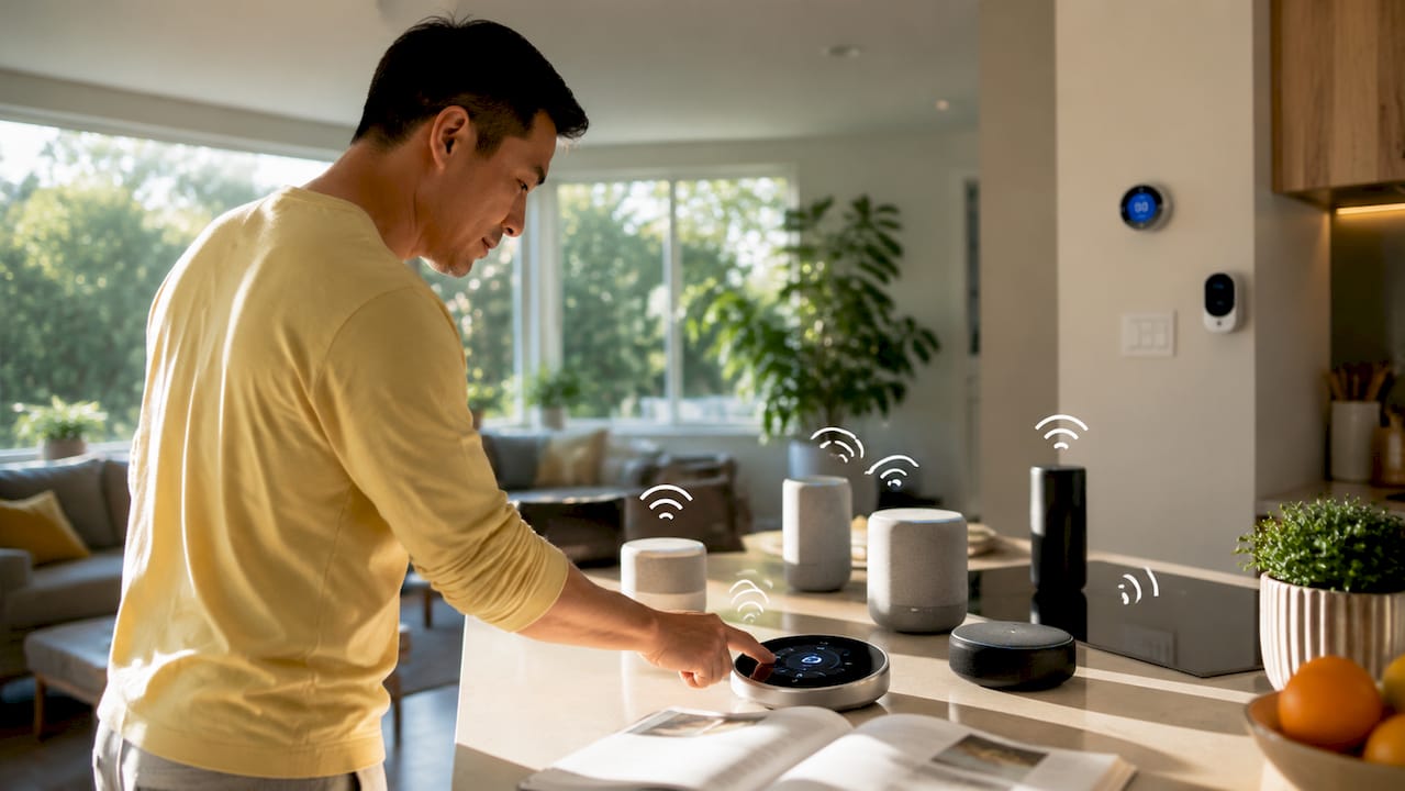Man interacting with smart home hub device at home
