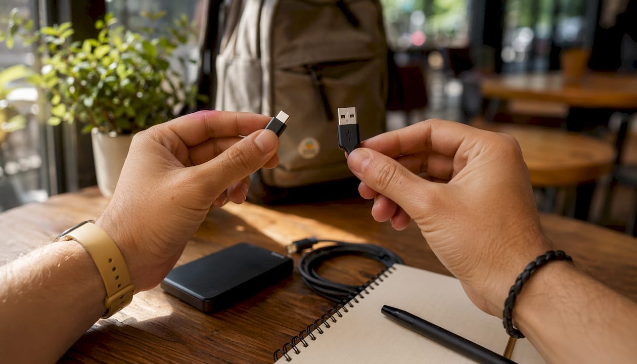 Close-up of hands holding USB-C and USB-A connectors