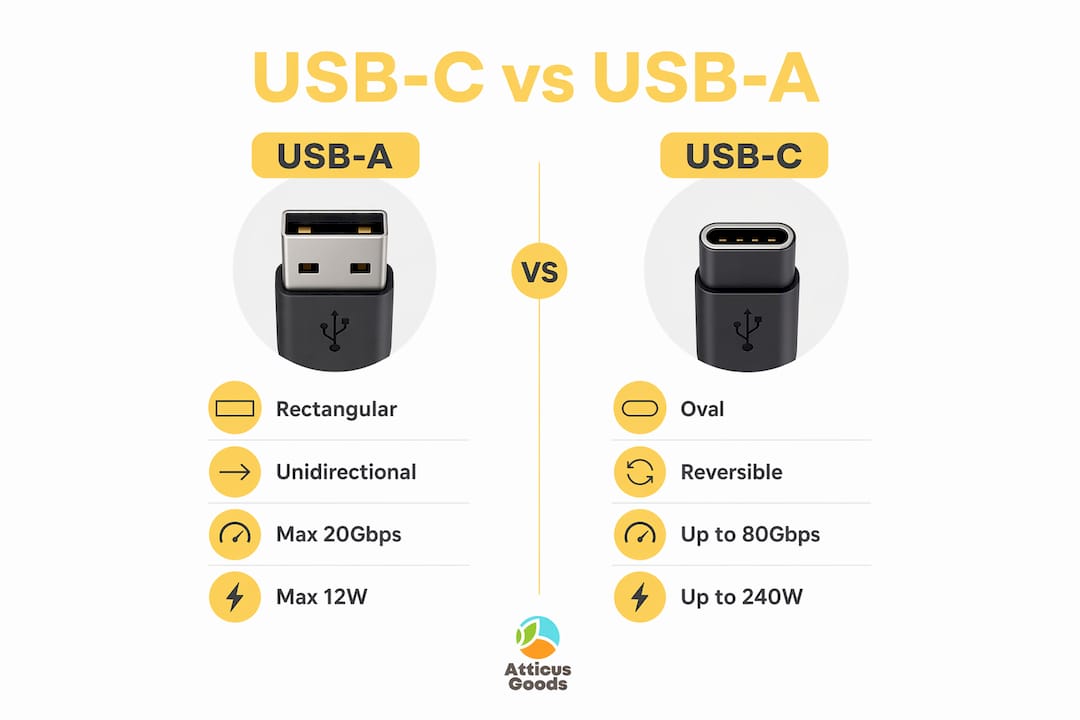 Infographic comparing USB-C and USB-A features side by side