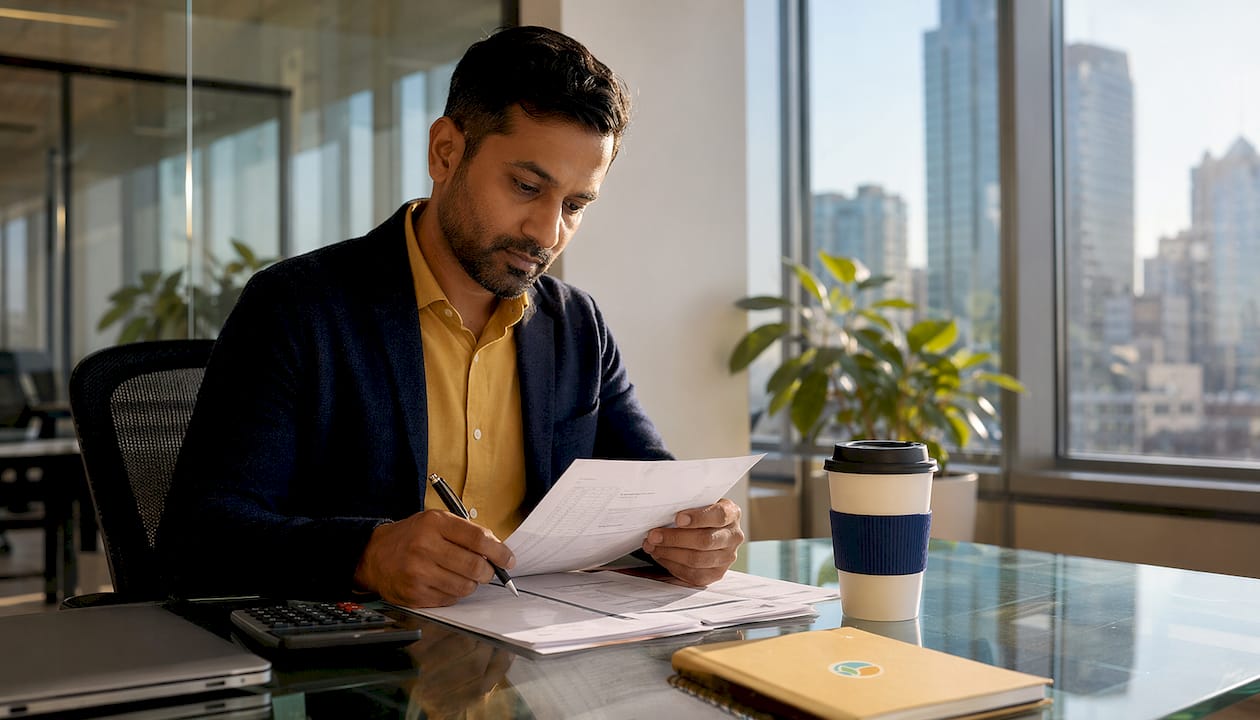 Buyer reviewing electronics vendor quotes at desk