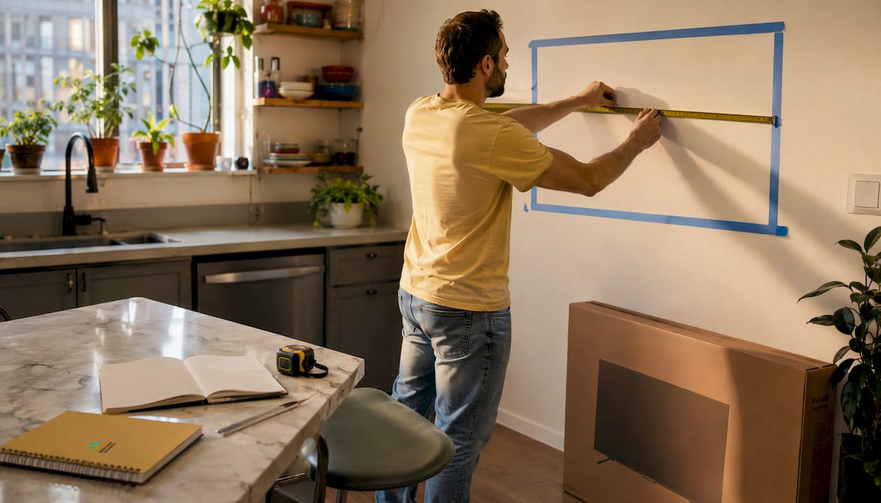Person measuring wall space for TV