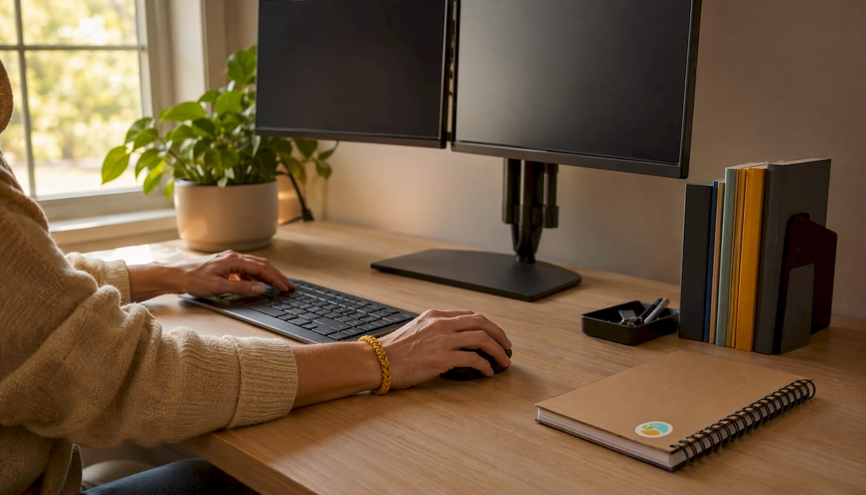 Ergonomic dual monitor setup with mounted arms