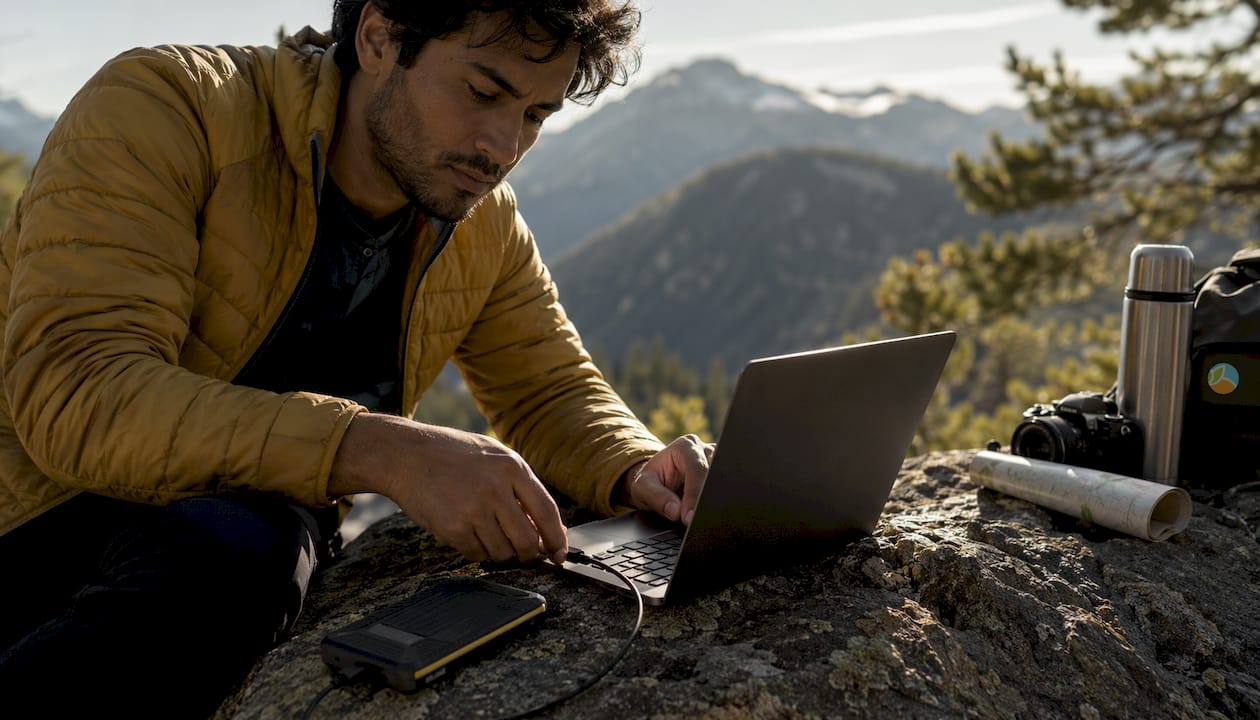 Man using rugged external hard drive outdoors