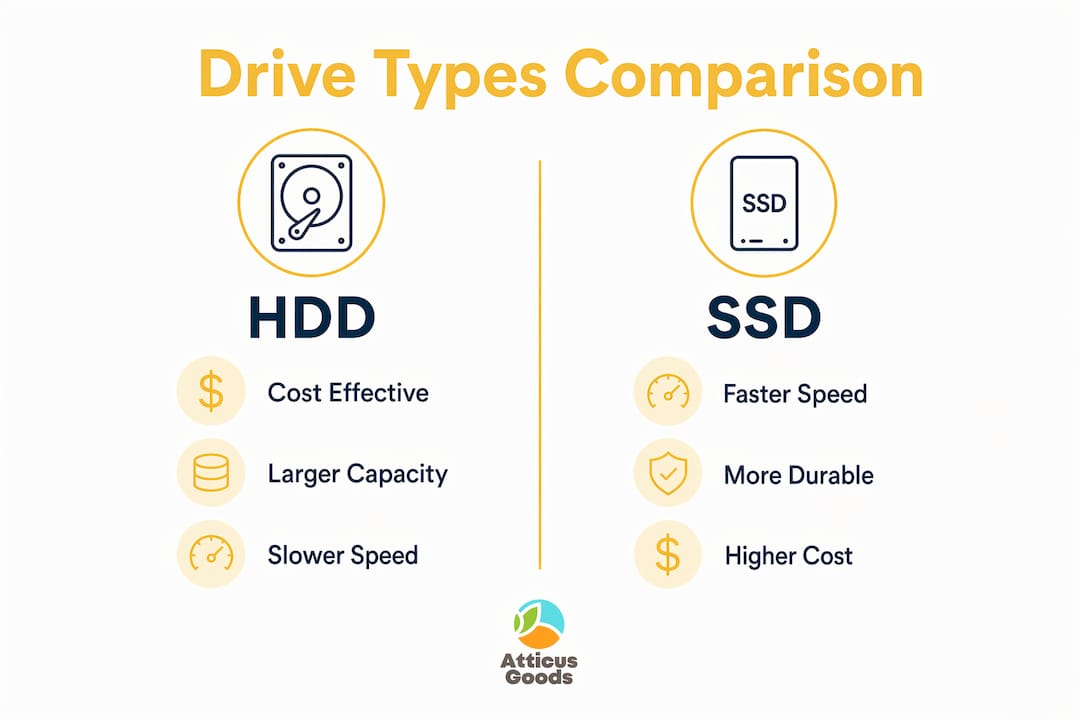 Infographic comparing HDD and SSD features