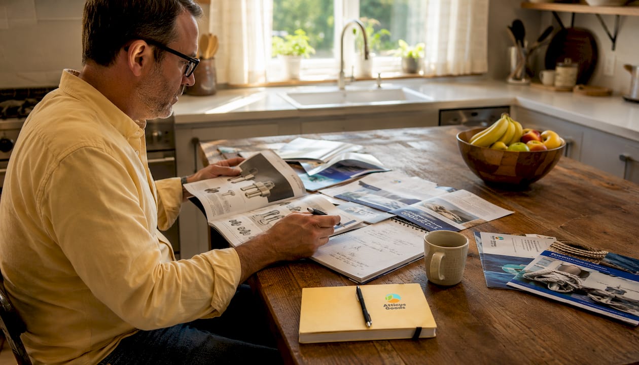Buyer reviewing marine hardware catalogs at desk