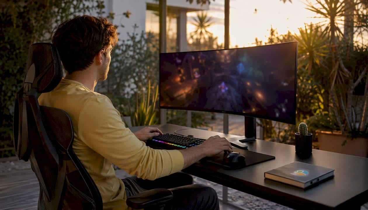 Gamer at curved ultrawide monitor setup
