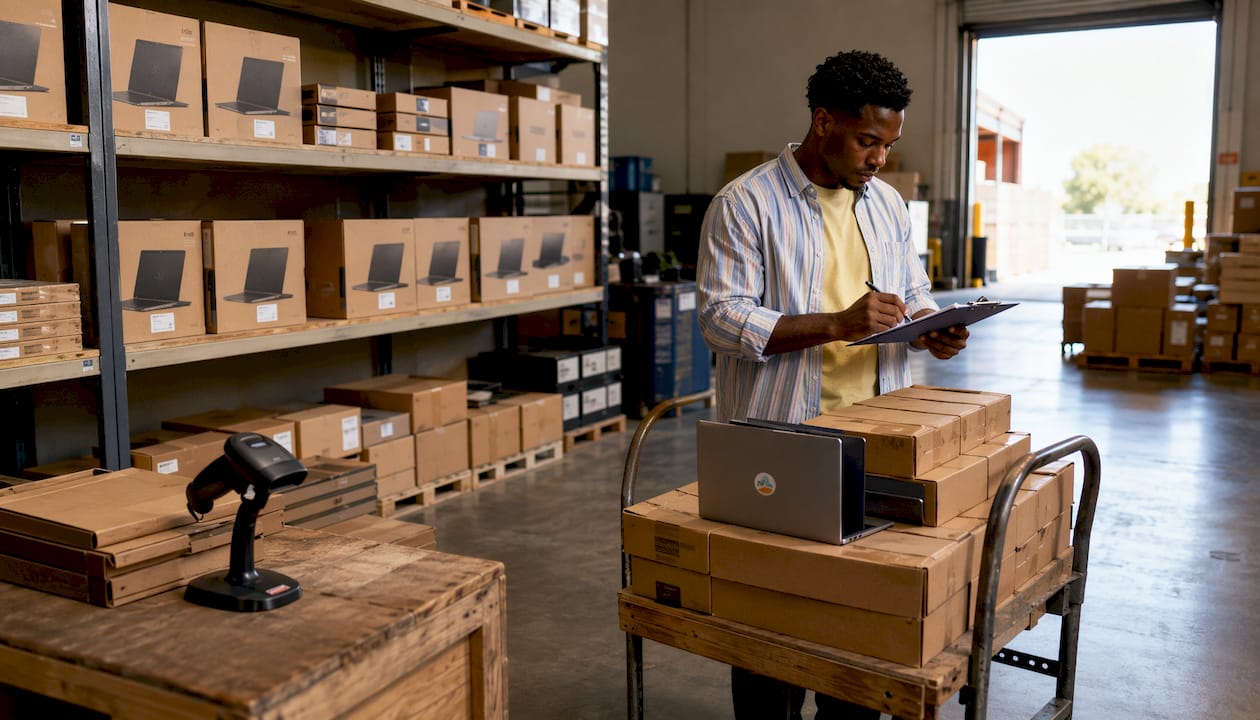 Office manager organizing bulk tech inventory