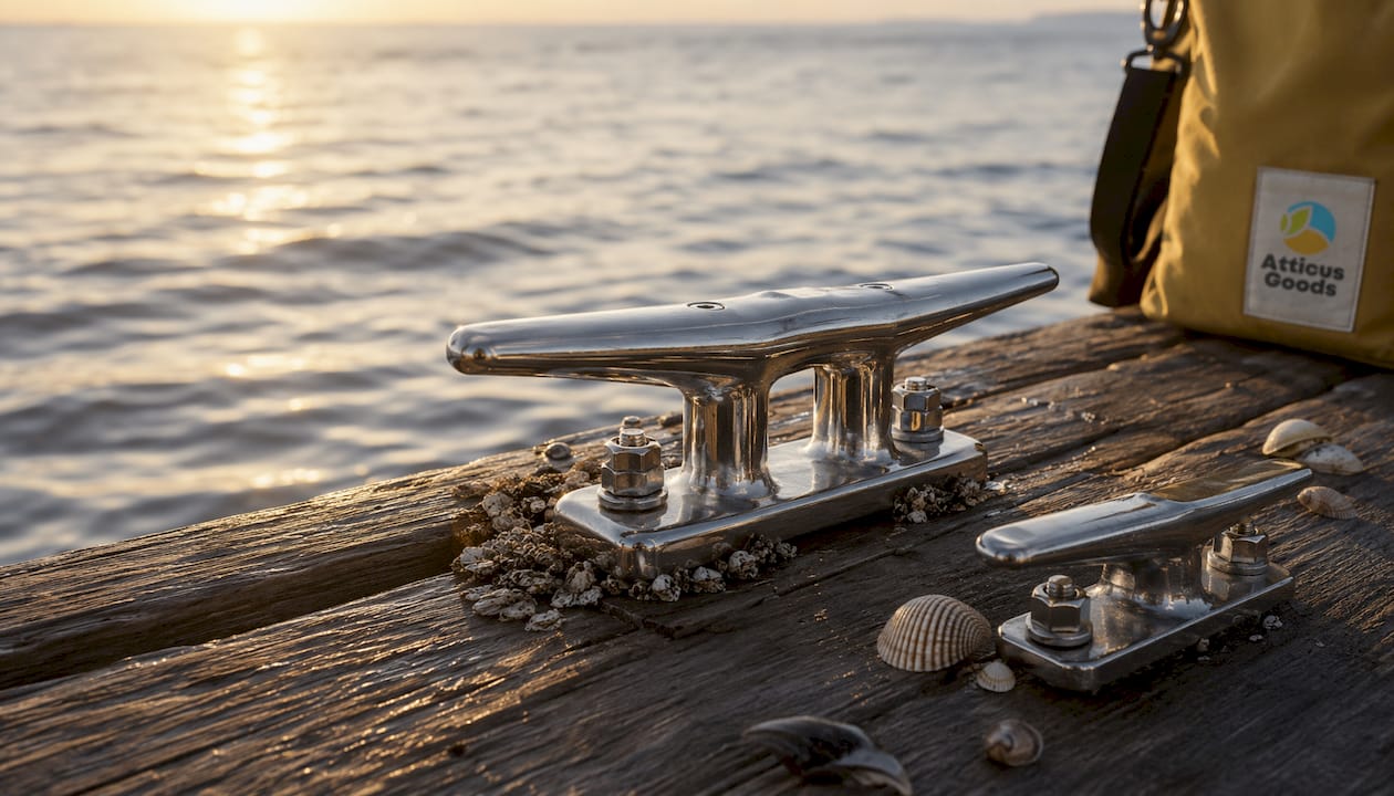 Close-up of marine stainless steel cleat on boat deck