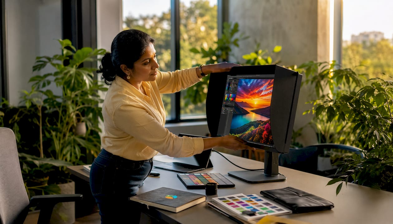 Technician calibrating HDR monitor in studio