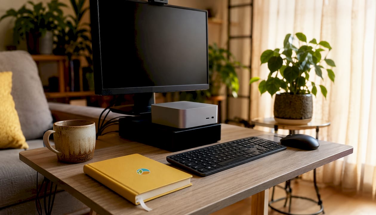 Home office desk with KVM switch setup