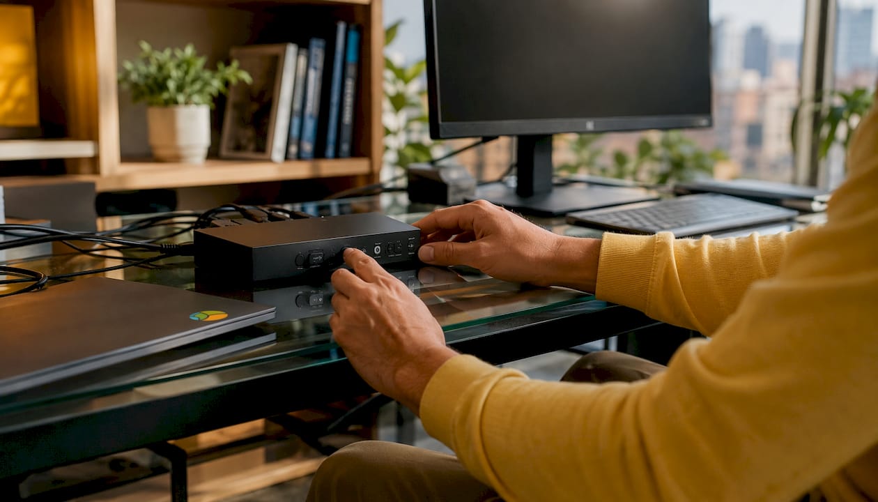 Hands pressing KVM switch button on desk
