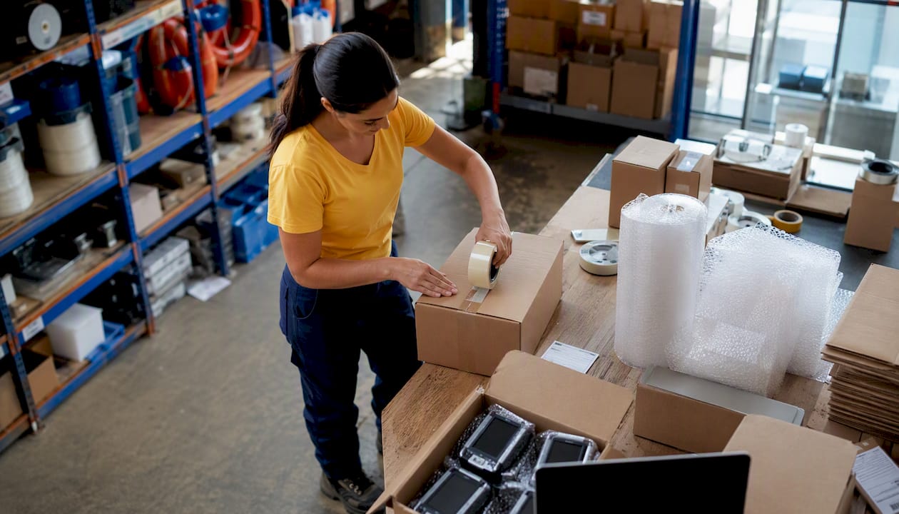Warehouse worker packing marine electronics