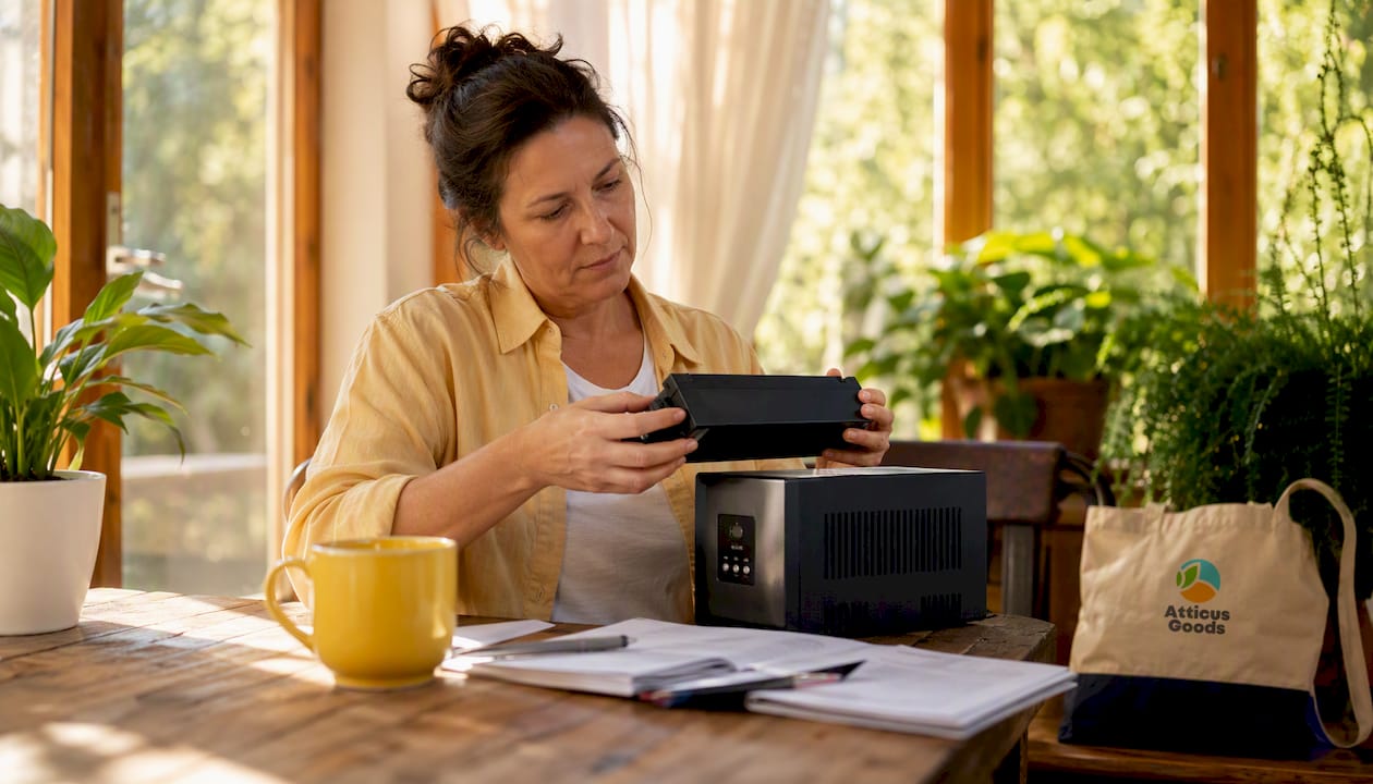 Woman inspecting UPS battery in home office