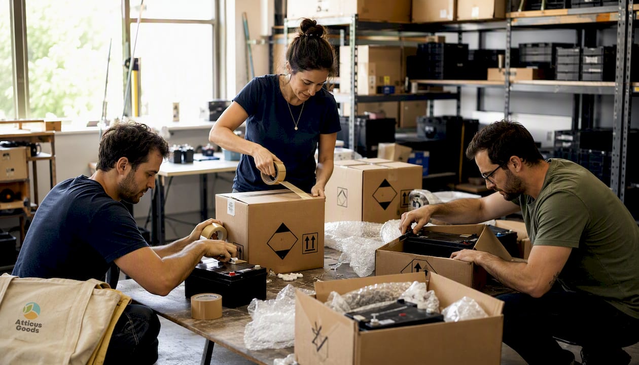 Hands packing UPS batteries for shipment safely