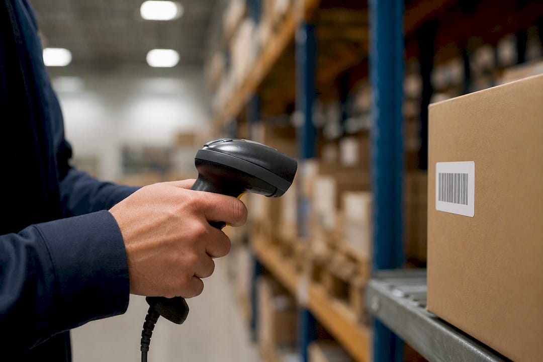 Hands scanning barcode on shipping box
