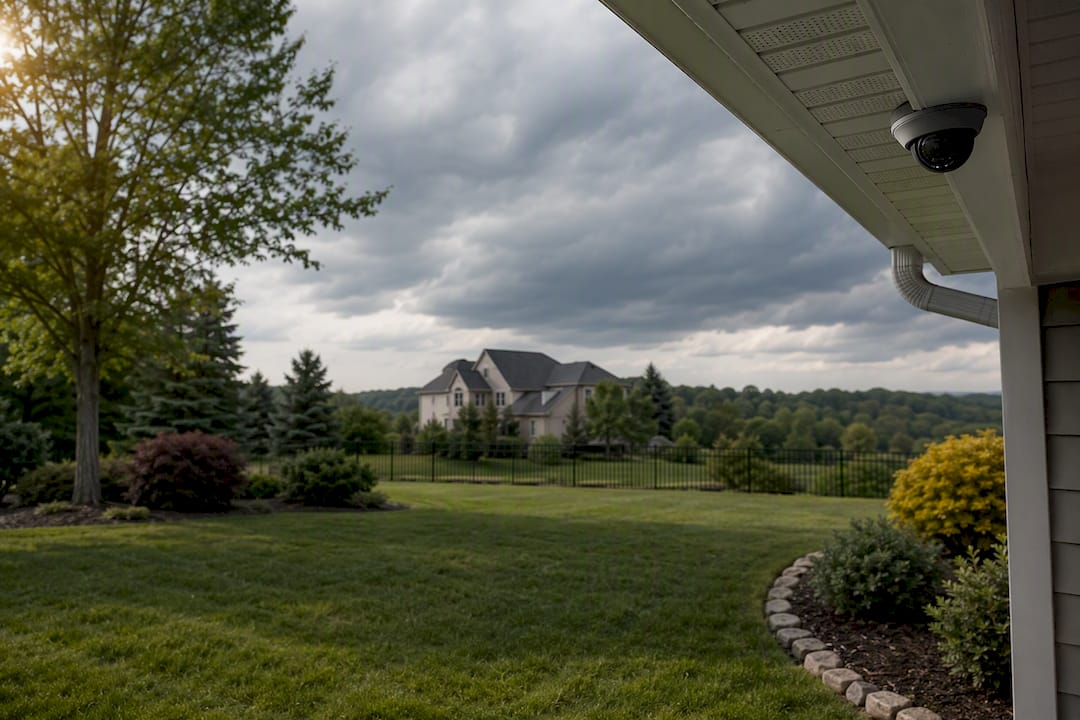 Cropped outdoor camera mounted beneath house eave