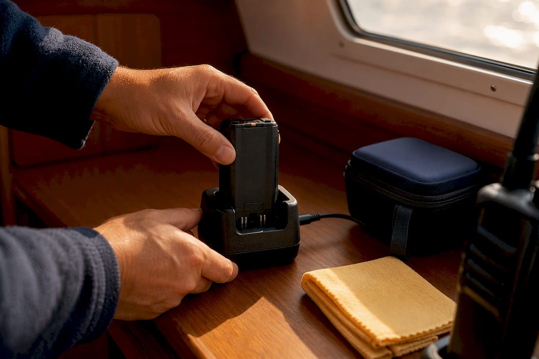 Battery being placed in marine radio charger