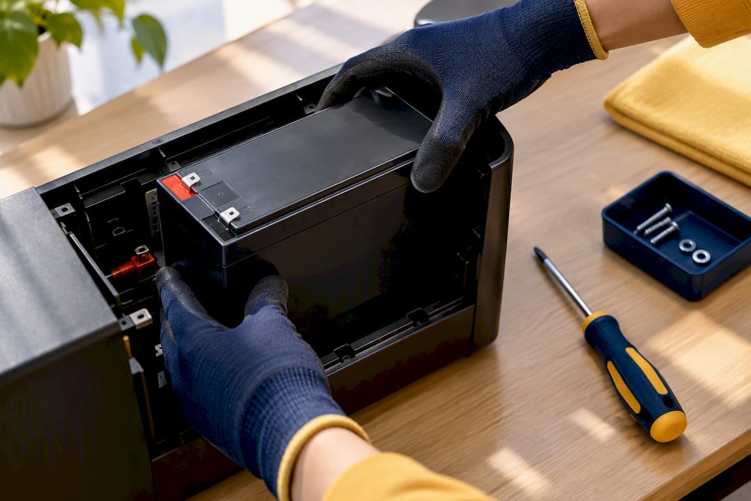 Gloved hand replacing UPS battery safely