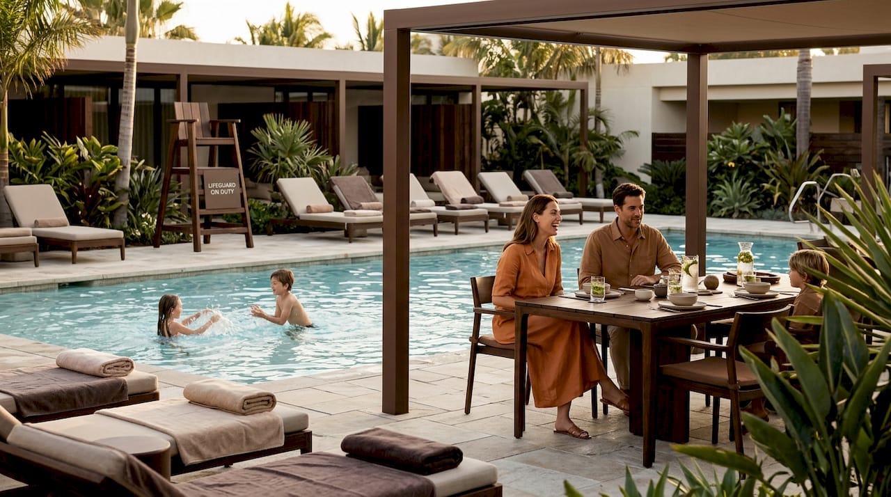 Family enjoying resort poolside with children playing